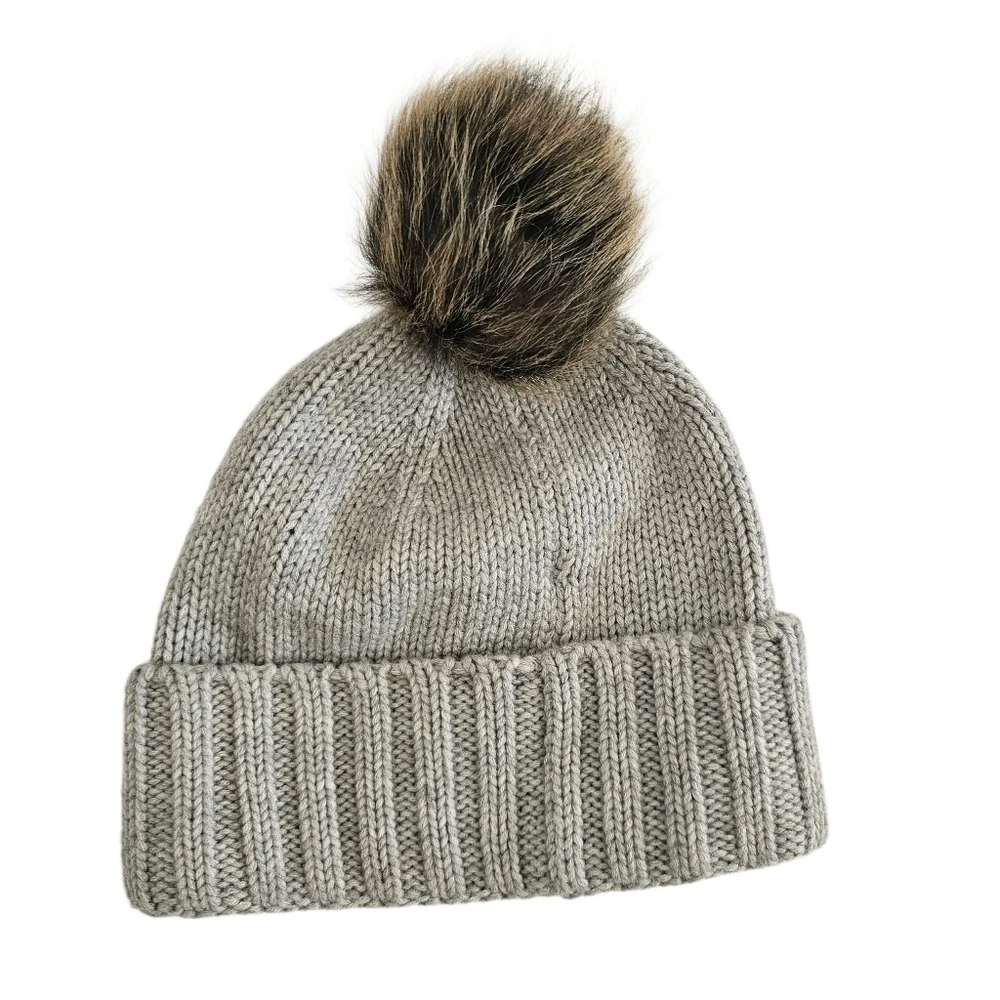 UGG Australia Womens Solid Ribbed Beanie Pom‎ Pom Steel Heather Wool Blend New